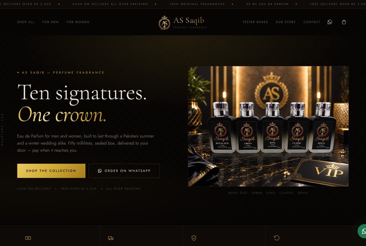 AS Saqib — Perfume Storefront — Live Pakistani e-commerce storefront — cash on delivery, orders over WhatsApp